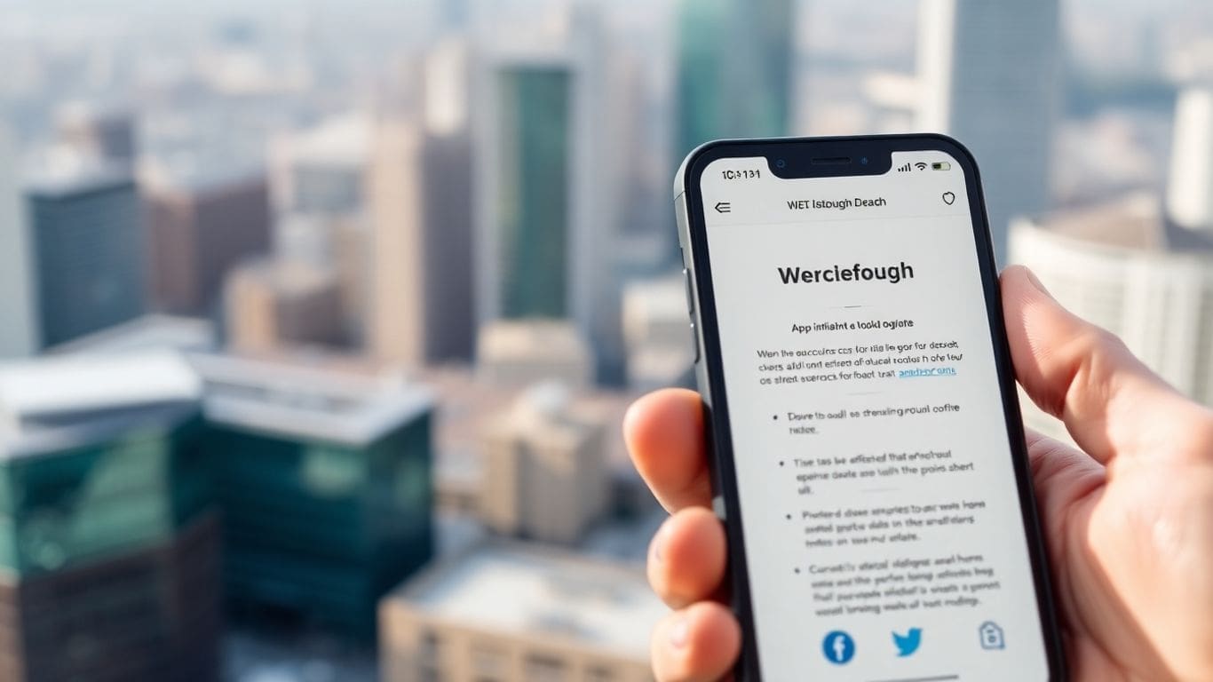 hand holding smartphone with blurred cityscape background