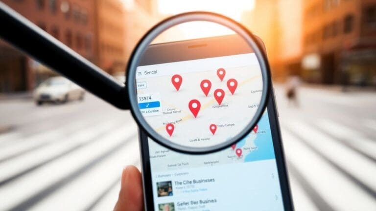 Magnifying glass over phone screen with map and location pins