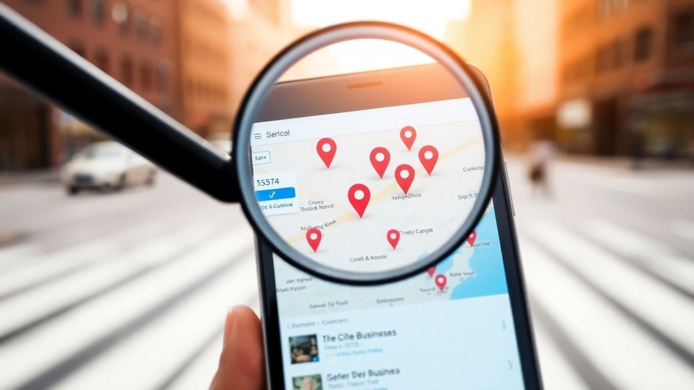 Magnifying glass over phone screen with map and location pins
