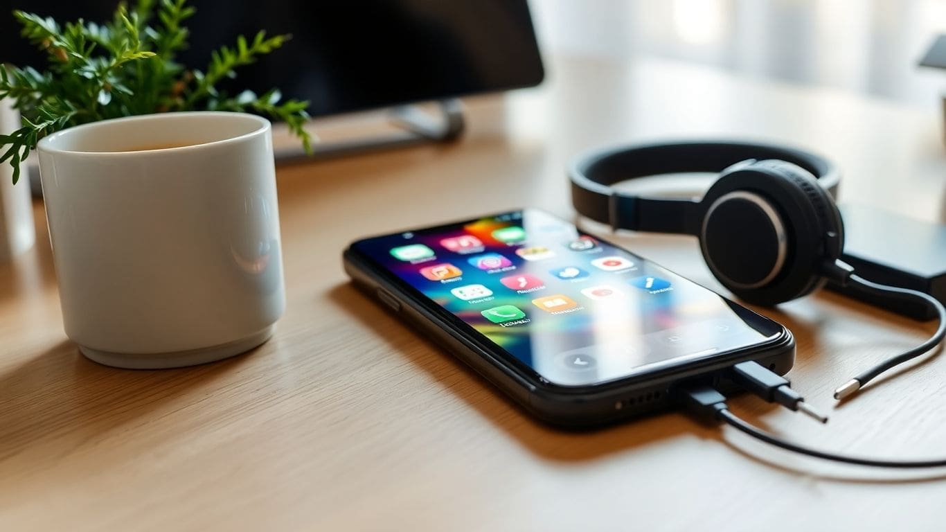 Smartphone with apps charging on desk with headphones