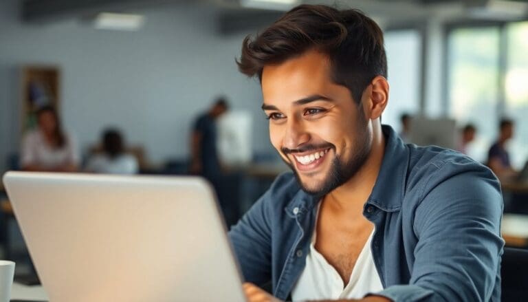 man smiling while using laptop in office