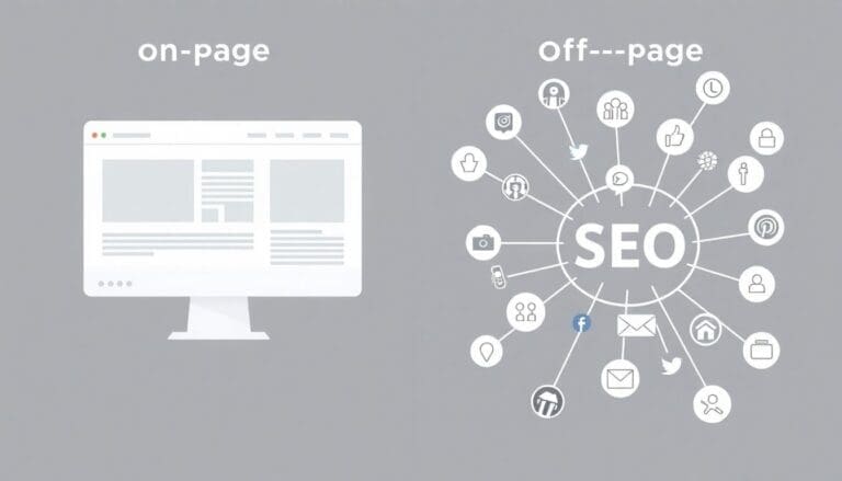 On-page SEO with website vs off-page SEO network icons