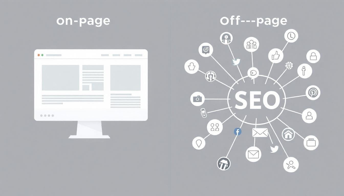 On-page SEO with website vs off-page SEO network icons