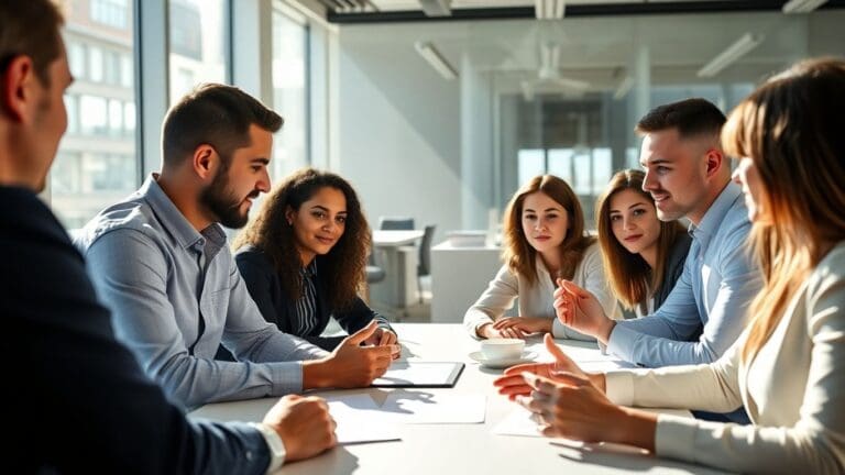 Group of professionals having a meeting in a bright office