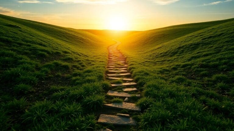 Stone path through green hills at sunset