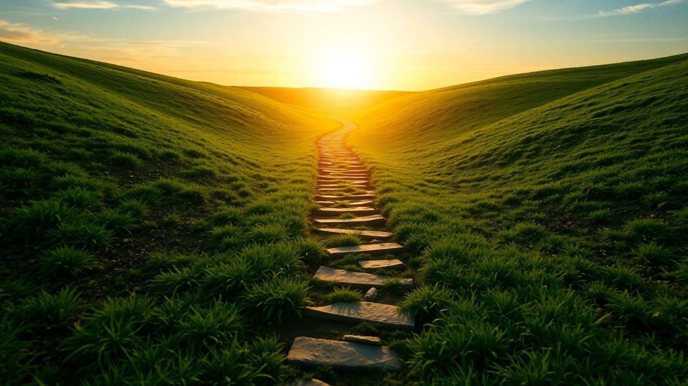 Stone path through green hills at sunset