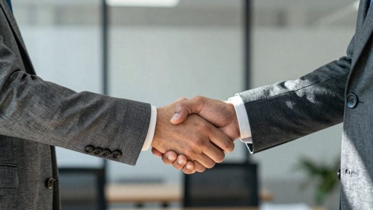 Two people in suits shaking hands in an office