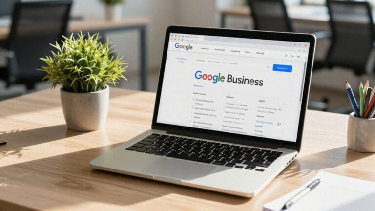 Laptop displaying Google Business page on desk with plant