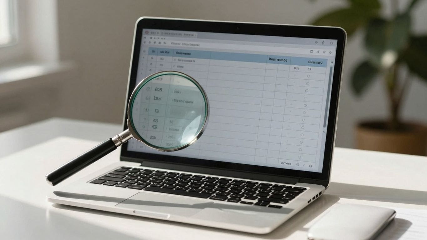 Magnifying glass over laptop screen displaying spreadsheet