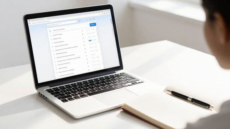 Person using laptop with email inbox open next to notebook