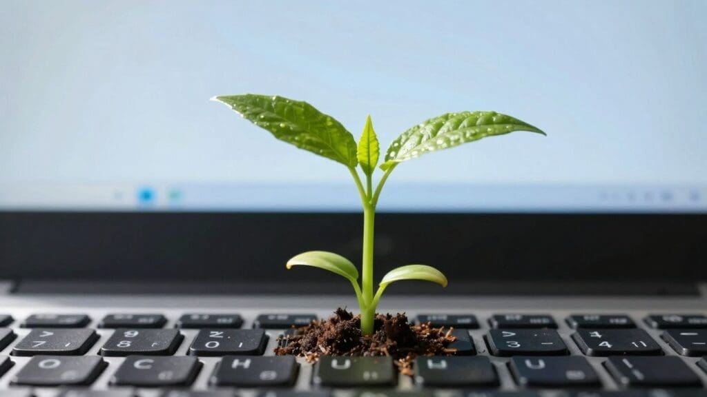 Small green plant growing on laptop keyboard