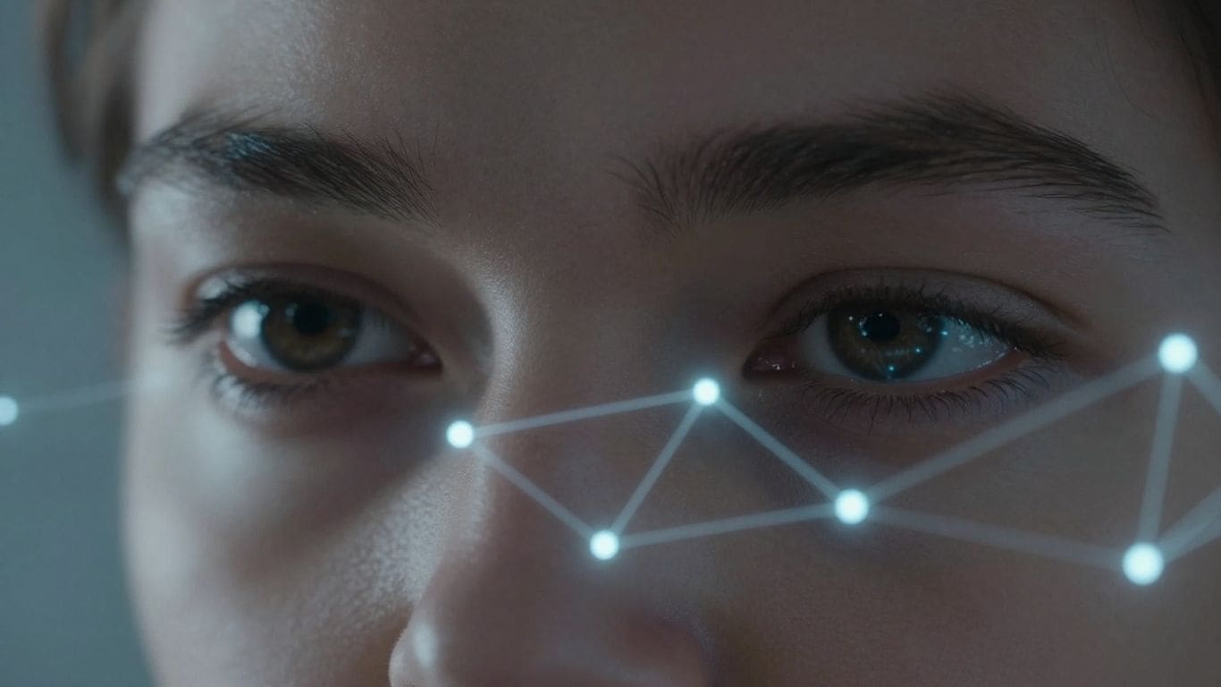 close-up of eyes with digital facial recognition overlay