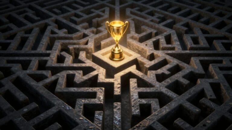 golden trophy in center of dark stone maze