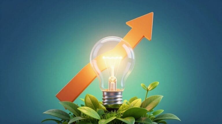 Light bulb with orange arrow and green leaves on blue background