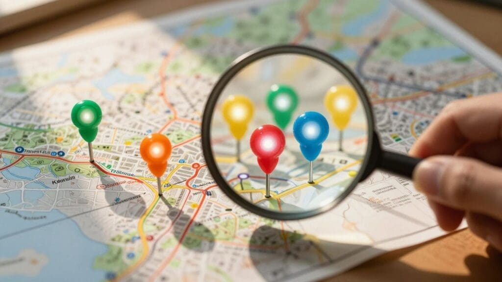 Hand holding magnifying glass over map with colorful pins