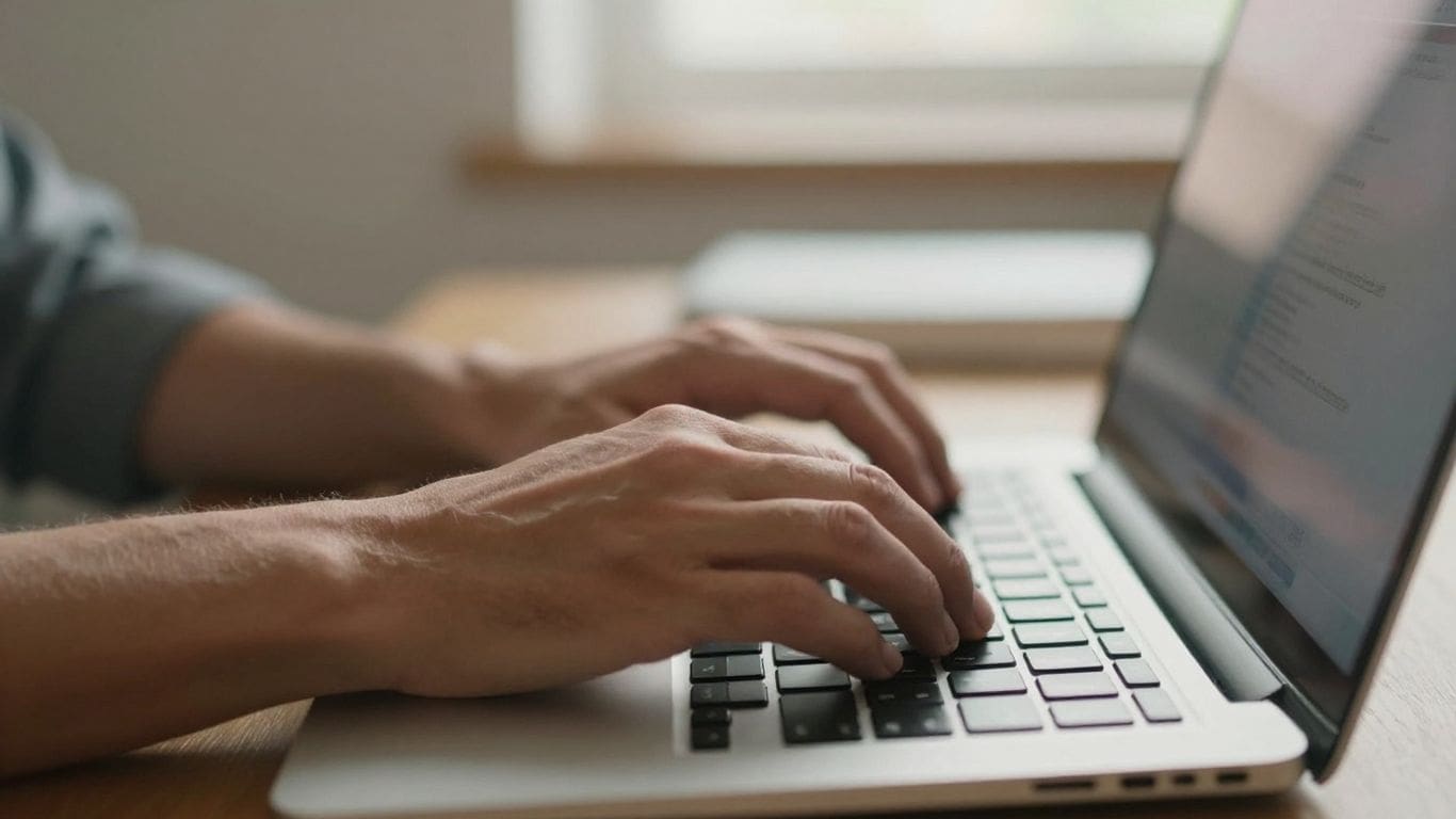person typing on laptop keyboard near window