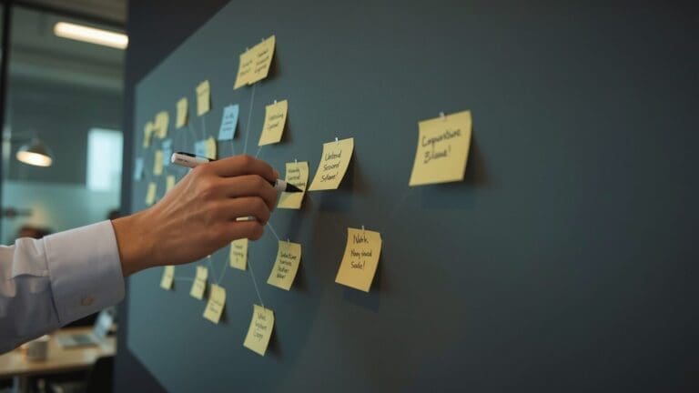 Person arranging sticky notes on dark wall in office