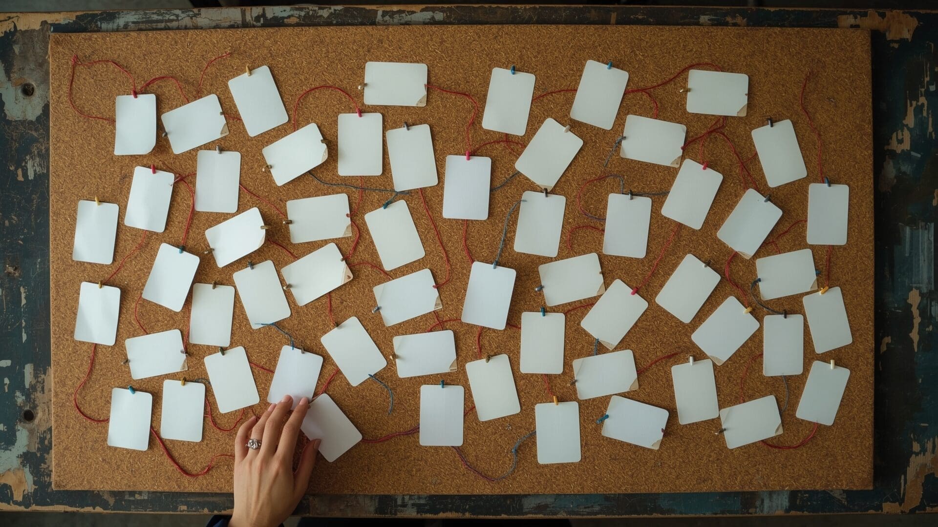 Overhead cork board with interconnected index cards showing entity relationship mapping strategy