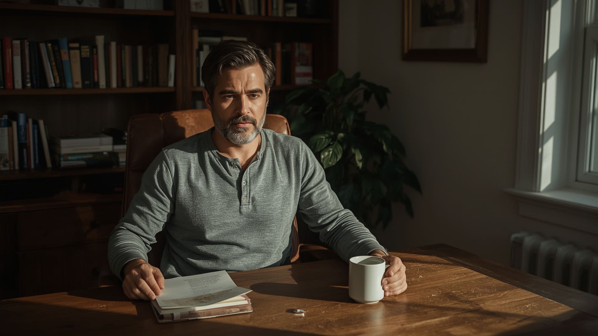 Man researching long-tail keyword strategy at a weathered home office desk