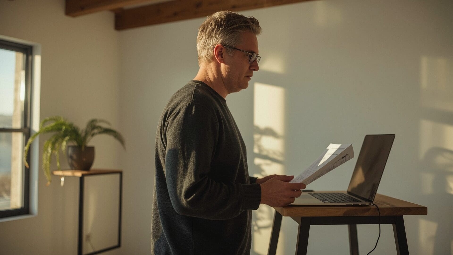 Man reviewing documents at standing desk during buyer journey research process
