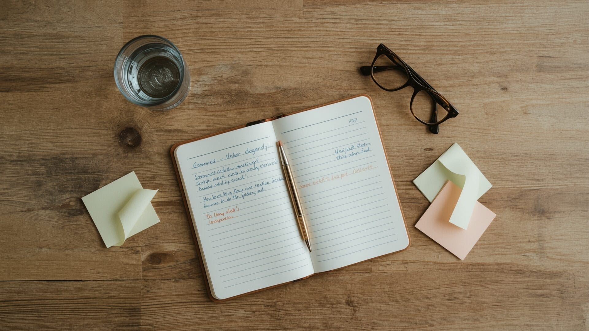 Overhead desk view with notebook and sticky notes for classifying search queries