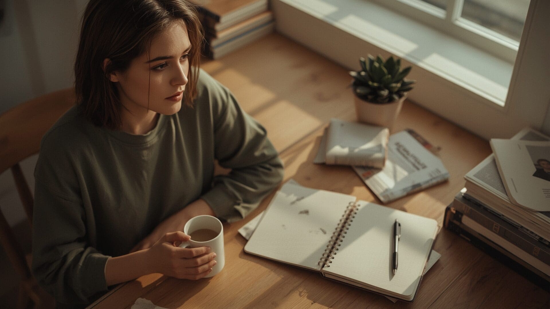 Woman at kitchen table with notebook researching search intent types online