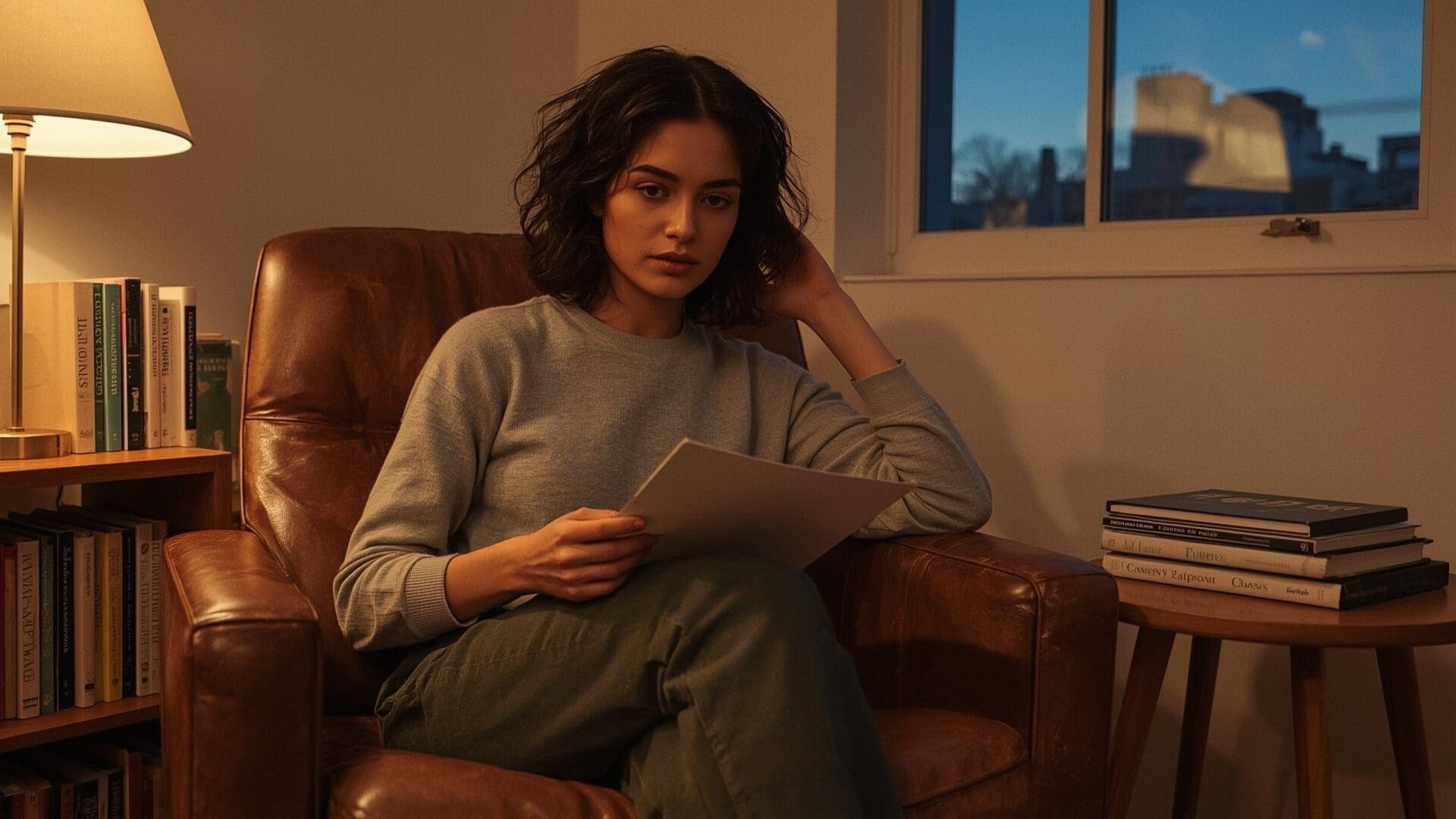 Woman reviewing printed content audit document in cozy home office during evening hours