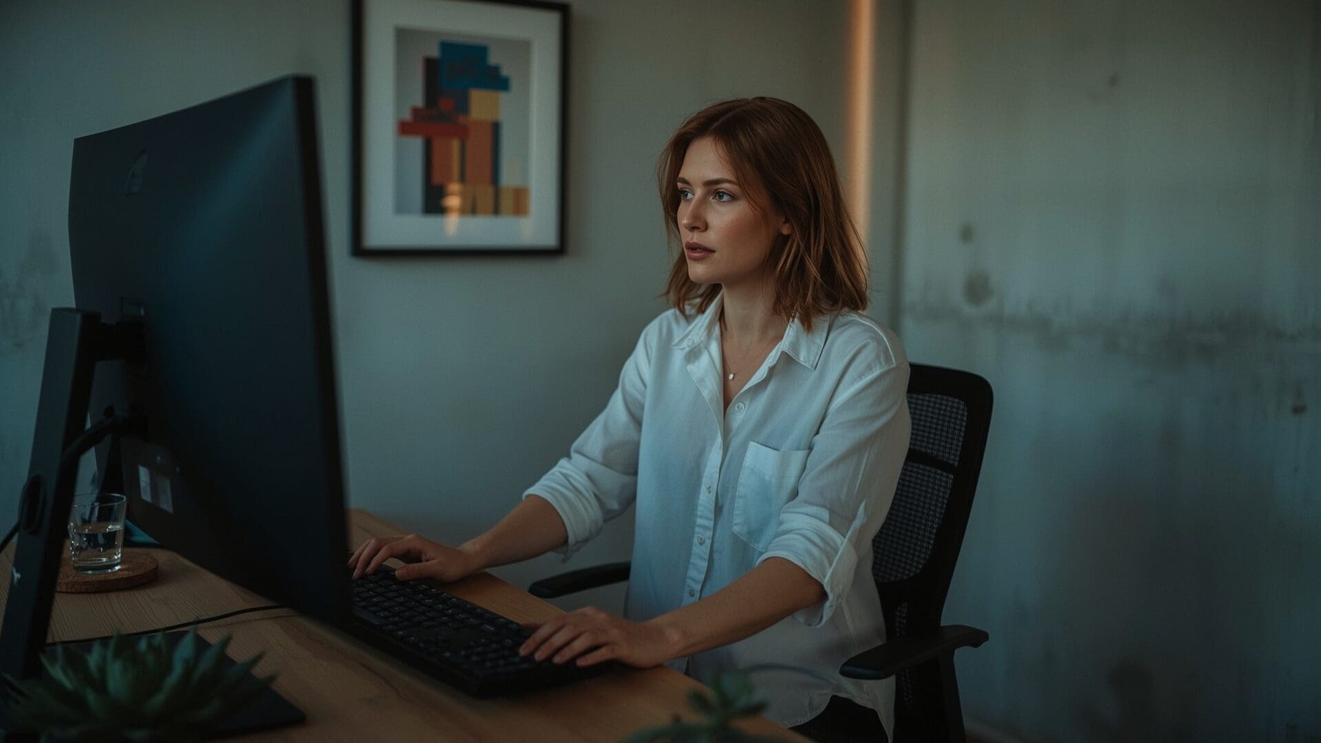 SEO specialist working at standing desk implementing keyword cannibalization fixes in modern office