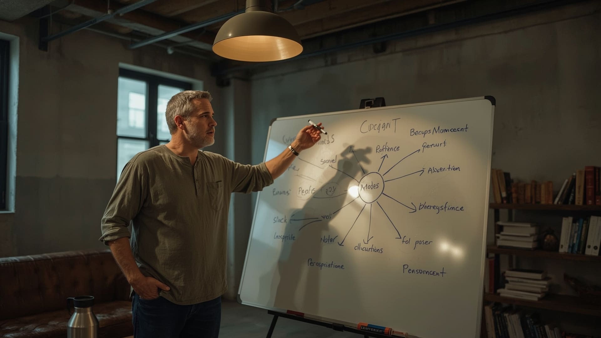 Content strategist mapping semantic SEO entity relationships on whiteboard in open office