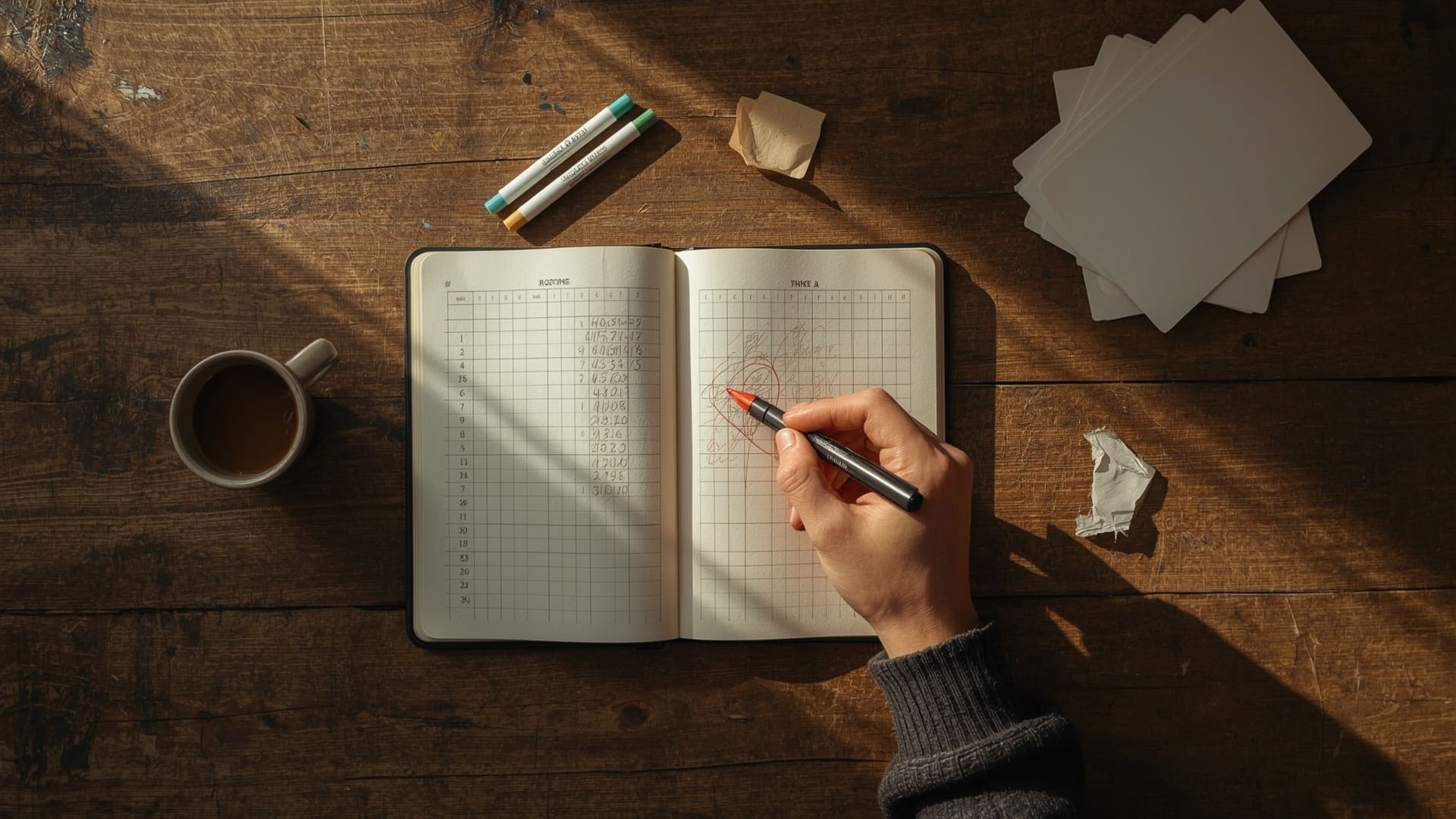 overhead flat lay notebook scoring content gap priority framework with markers