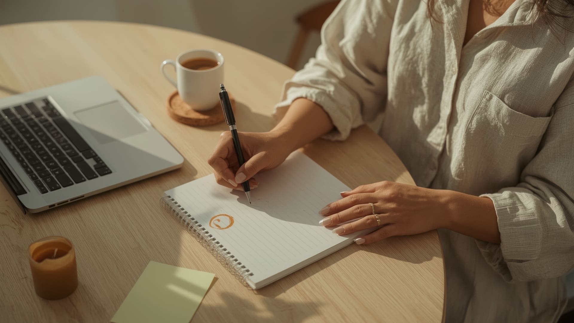 Woman writing internal linking workflow steps in notebook beside laptop at desk