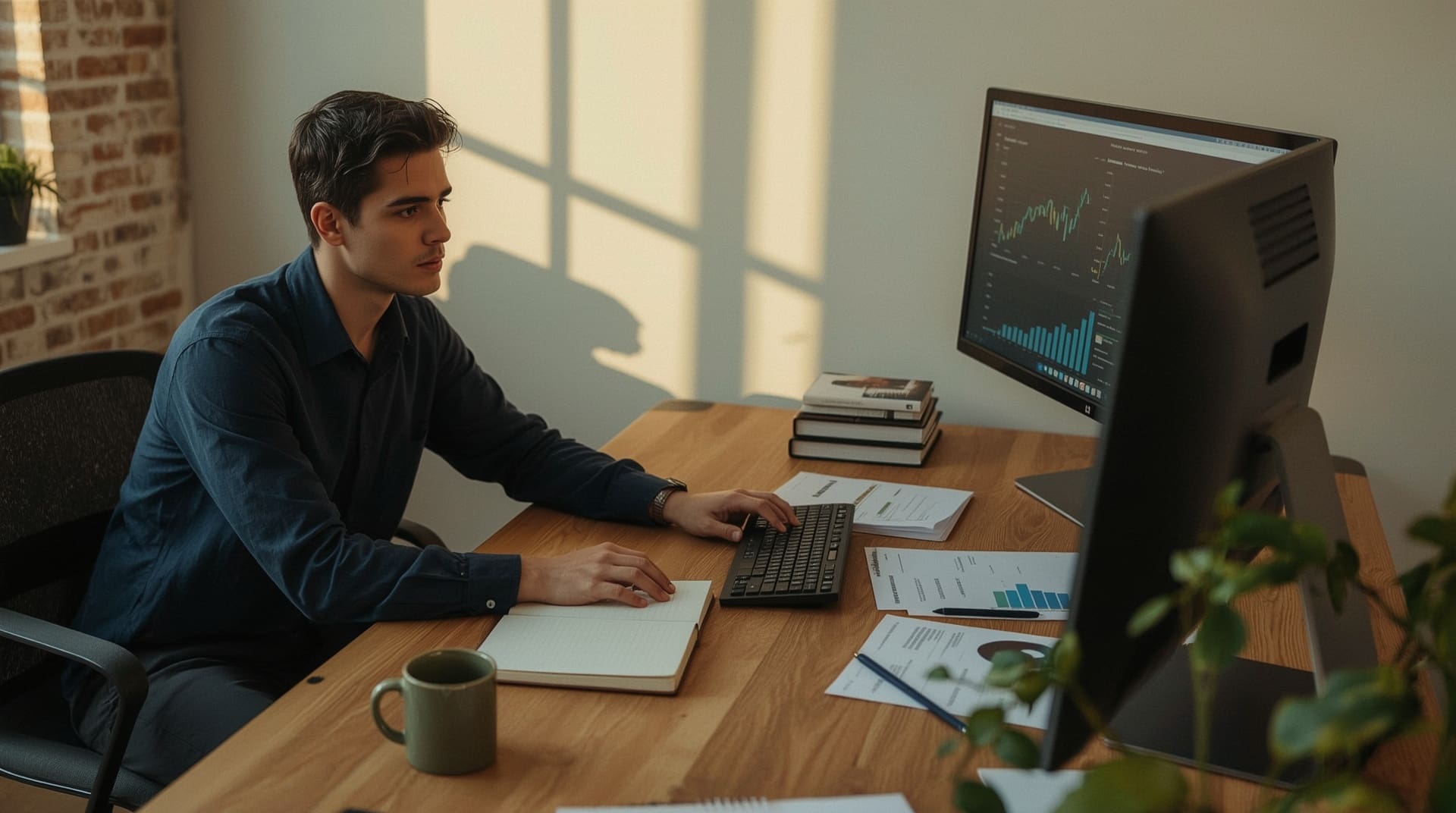Digital marketing professional working at desk analyzing backlink strategy and website analytics